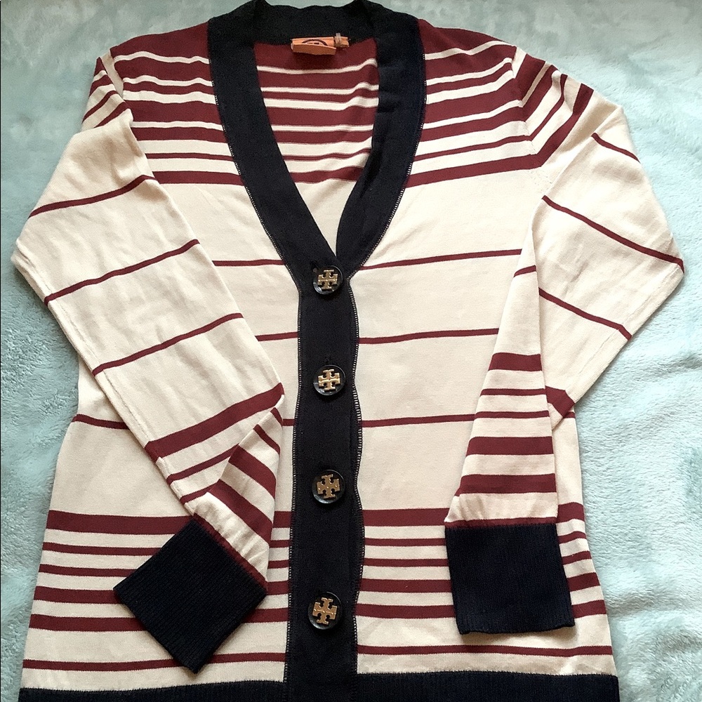 Tory Burch striped logo button cardigan size Small